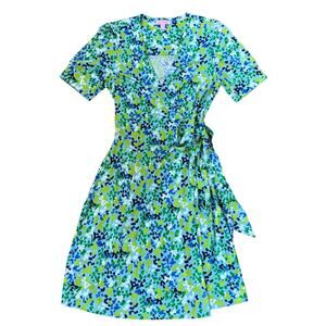 Lilly Pulitzer Silk Jersey Wrap Mini Dress Green Blue Dots
